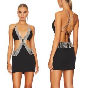 NBD Lali Dress Beaded Fringe Black Cut Out Mini Halter Revolve $328 NWT S